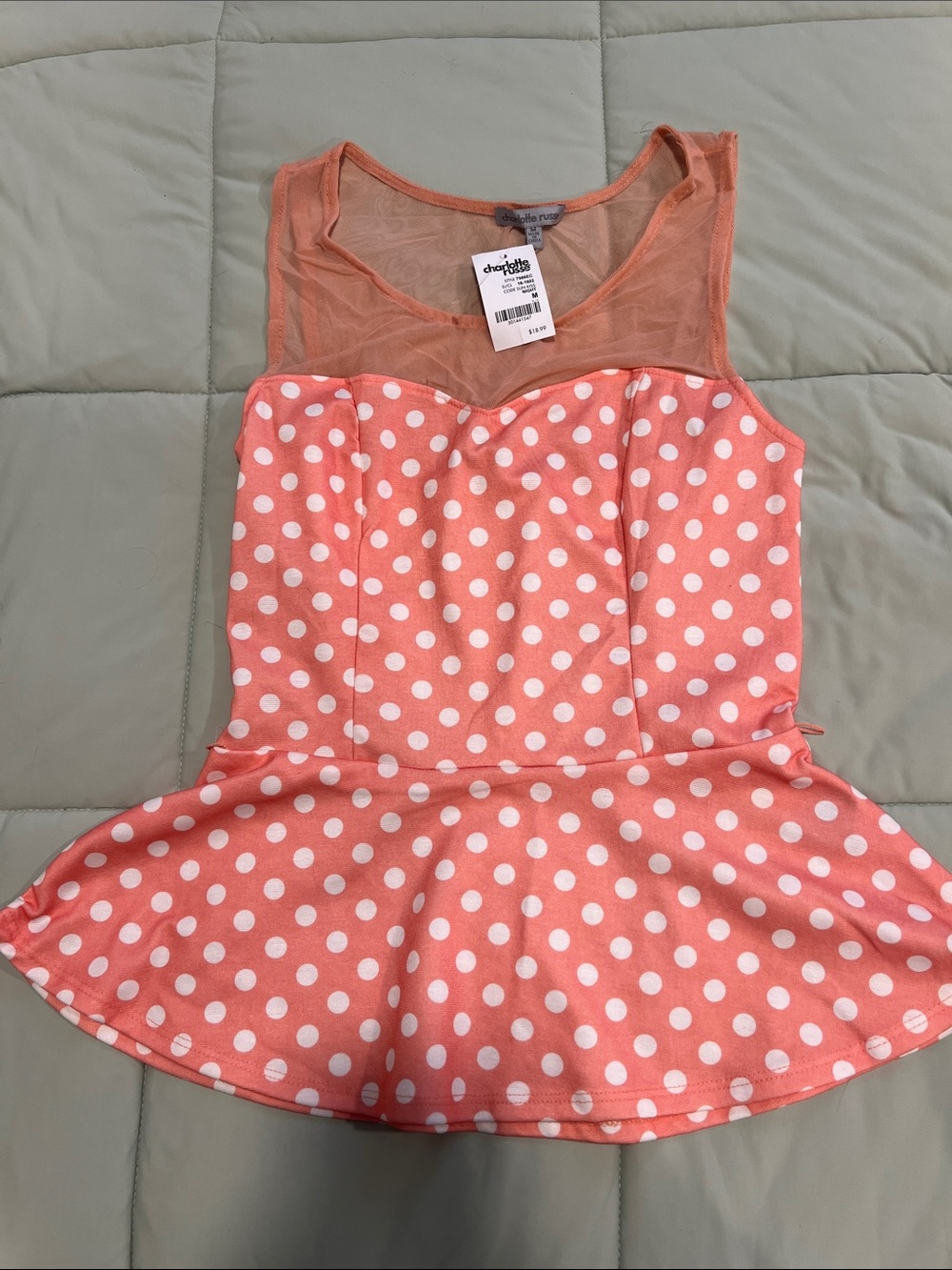 NWT Charlotte Russe Y2K Coral Polka Dot Peplum Top